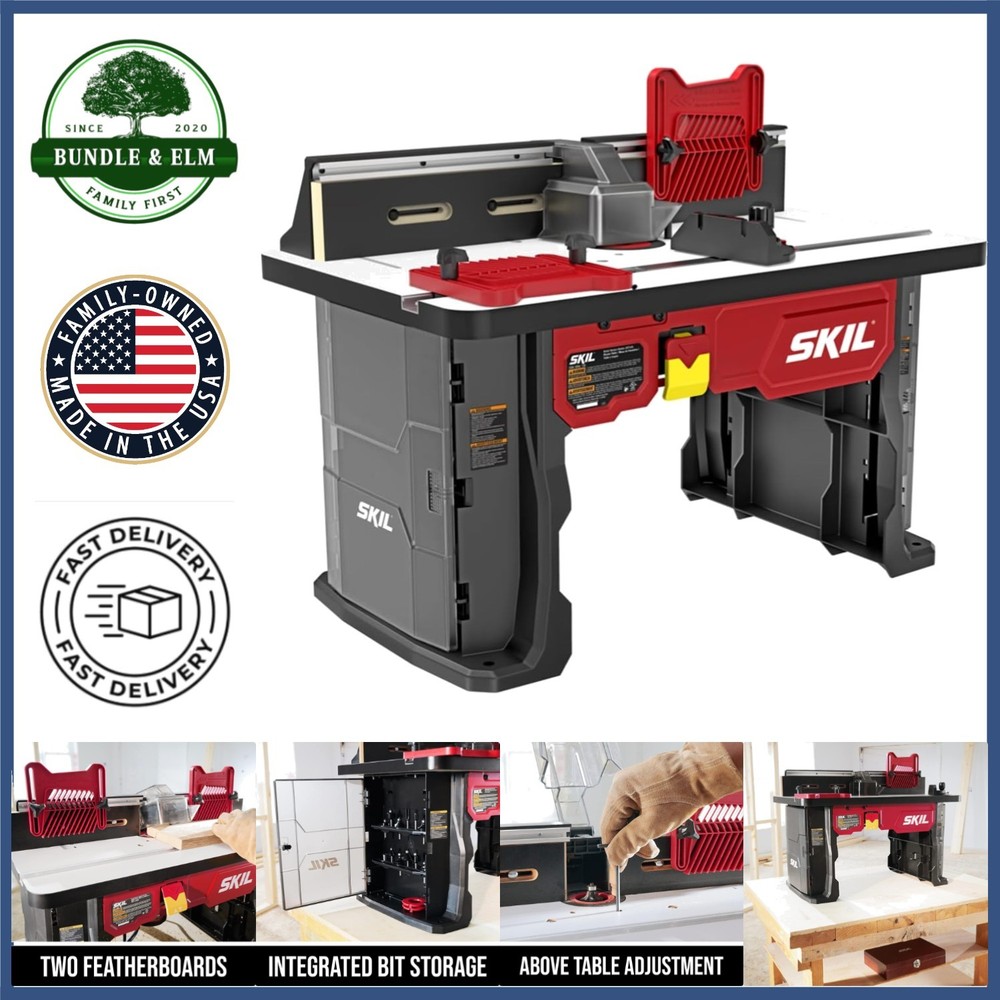 Benchtop Router Table with Above Table Adjustment and Dual-Sided Bit Storage