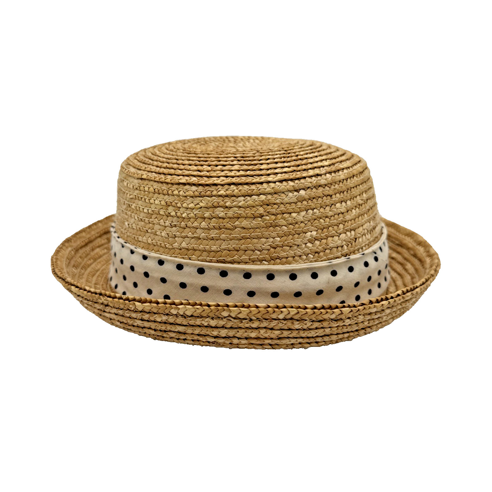 Vintage Straw Boater Hat Cherry Ribbon Polka Dot Band Flat Top Summer