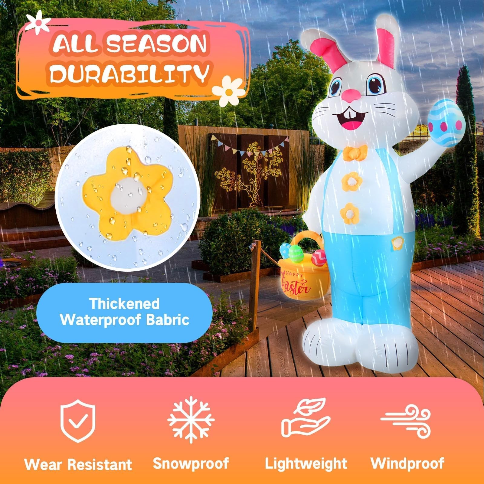 6FT Easter inflatables Bunny Outdoor Decorations LED Lighted Blow Up Rabbit