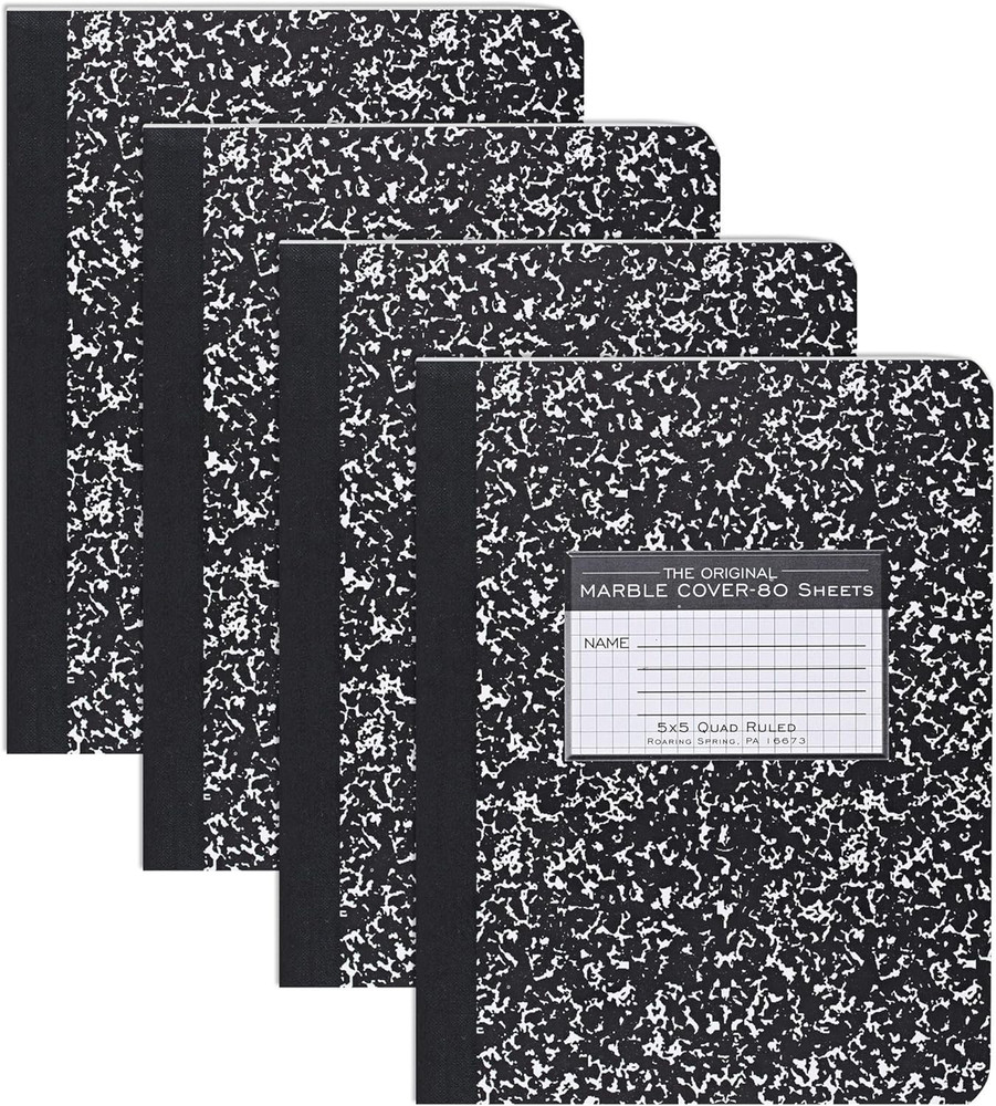 4 Pack Composition Notebooks 9.75" x 7.5" Graph Ruled 5x5 Grid 80 Sheets Black