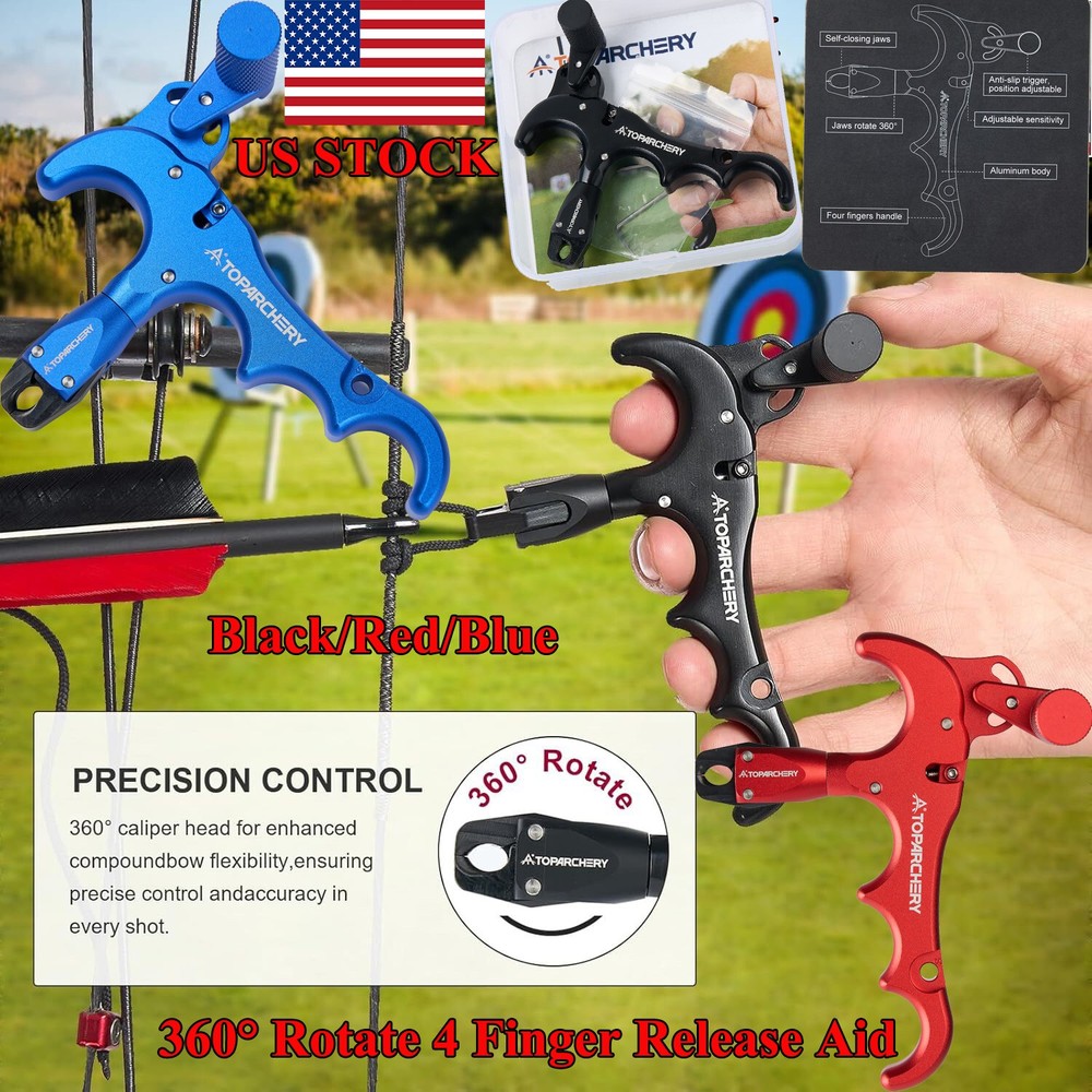 360° Archery Compound Bow Release Aids 4 Finger Trigger Adjustable Auto Hunting