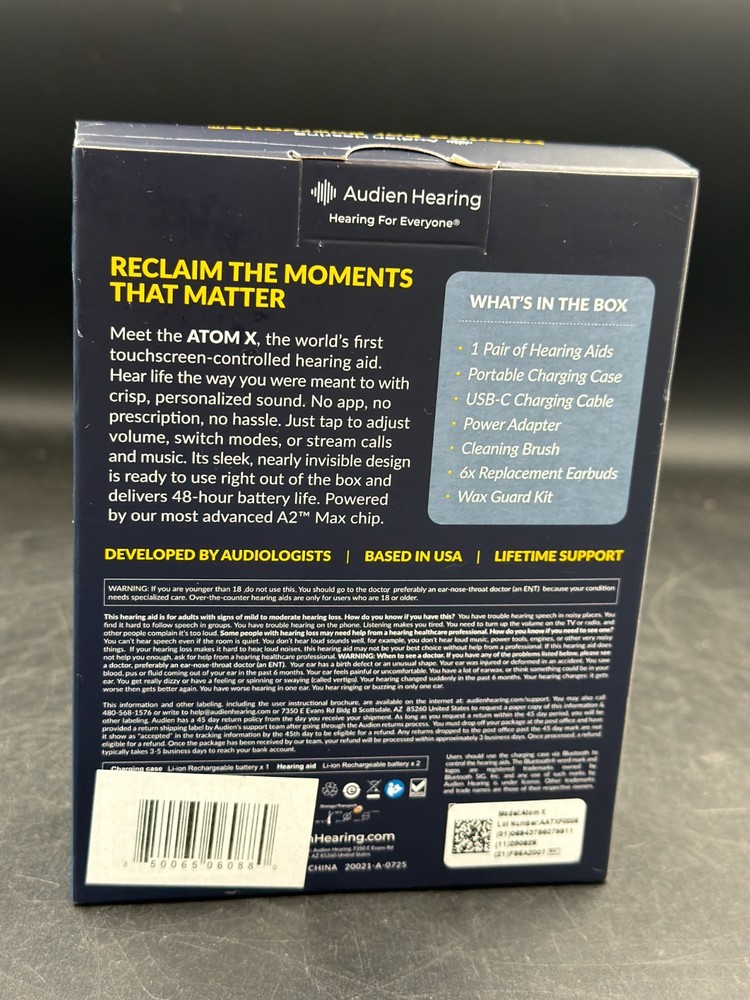 Audien Hearing Atom X Rechargeable OTC Touchscreen Bluetooth Hearing Aids New!