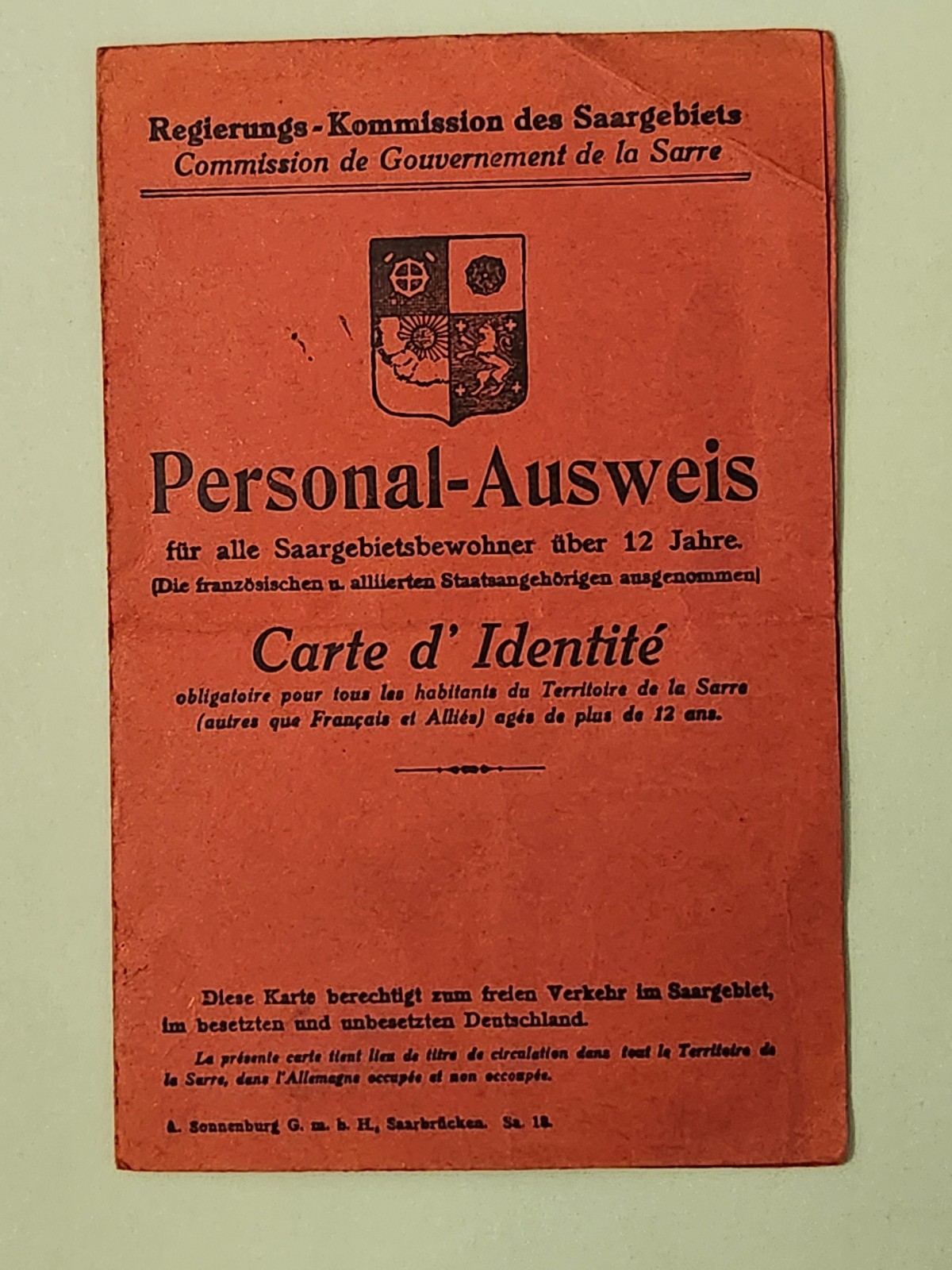 WW2 Germany. Personal-Ausweis Saar 1934.