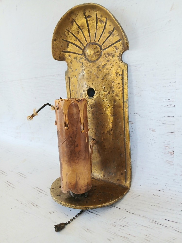 Early Original Cast Hammered Solid Bronze Candle Sconce Light Lamp