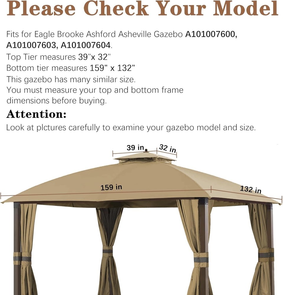 Tear-Resistant Beige Canopy Replacement for Eagle Brooke Gazebo Models 10x12