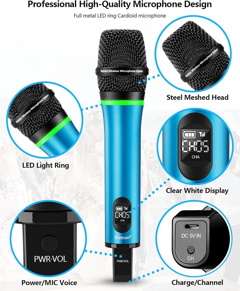 Bietrun Rechargeable Wireless Microphone, Dual Metal Cordless Handheld Dynamic