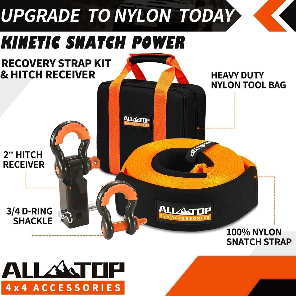 Durable Nylon Recovery Kit 35000lb Snatch Strap + Rustproof Hitch Receiver