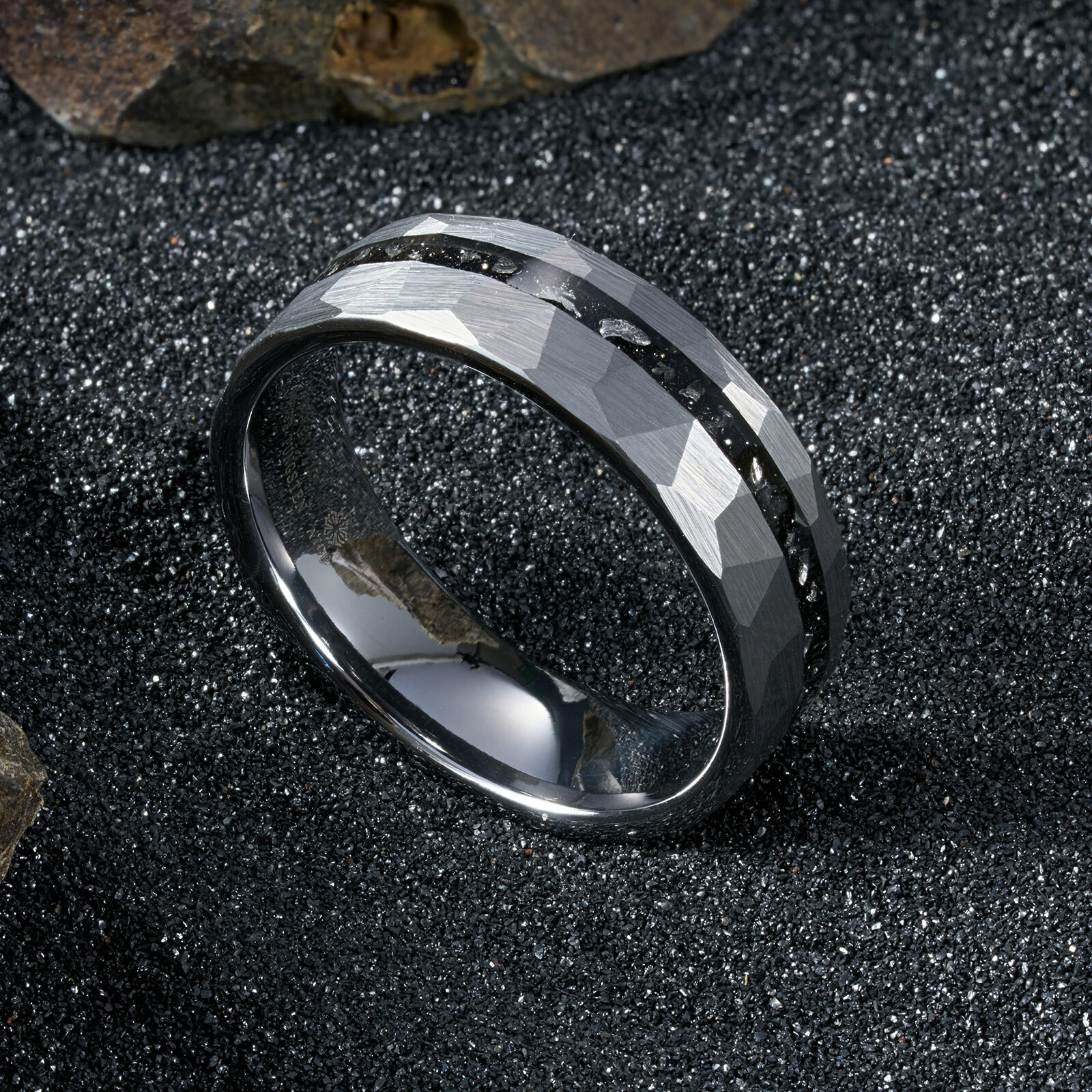 8mm Sliver Meteorite Tungsten Ring Black Line Mens Wedding Band ATOP Jewelry
