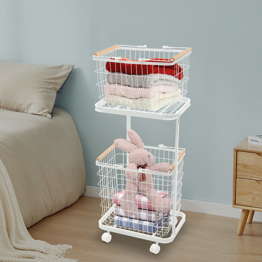 2 Tier White Laundry Basket Metal Rectangular Laundry Basket With Wheels