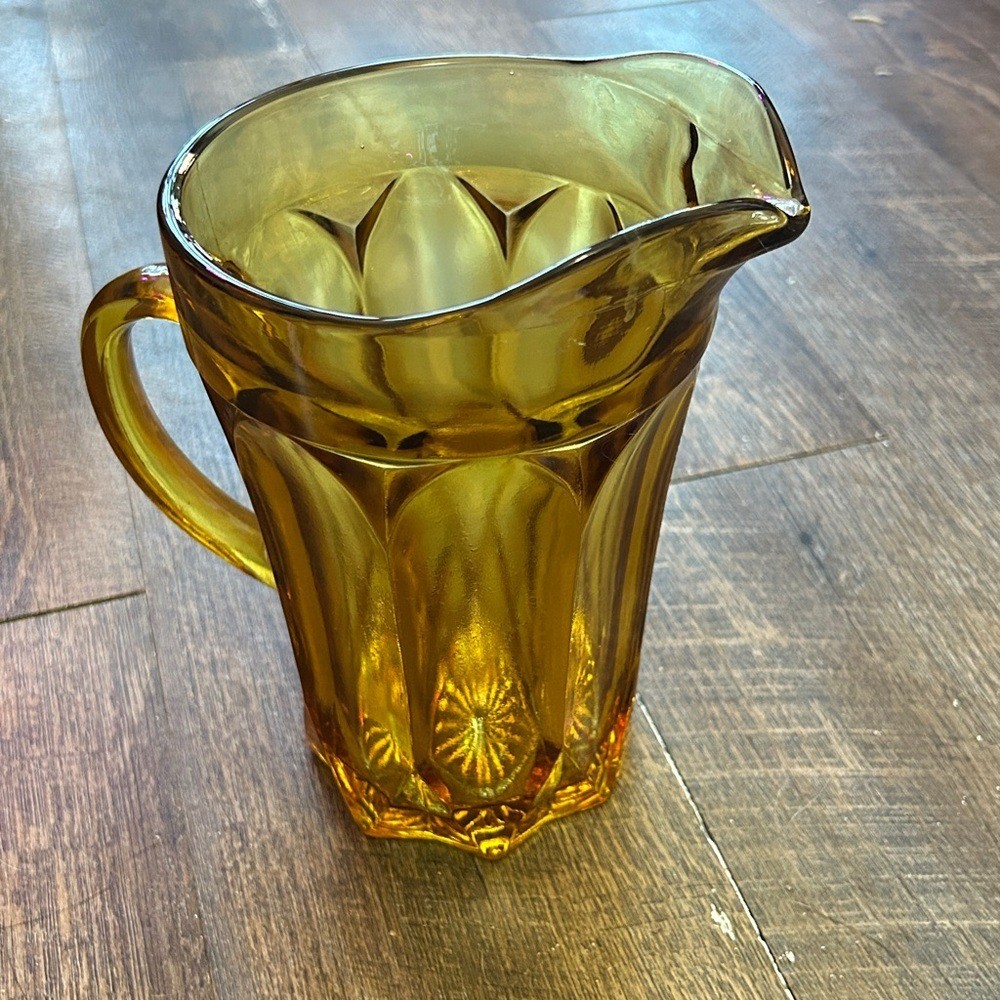 Vintage MCM Anchor Hocking Fairfield Amber Glass Pitcher Honey Gold Brown 1970's