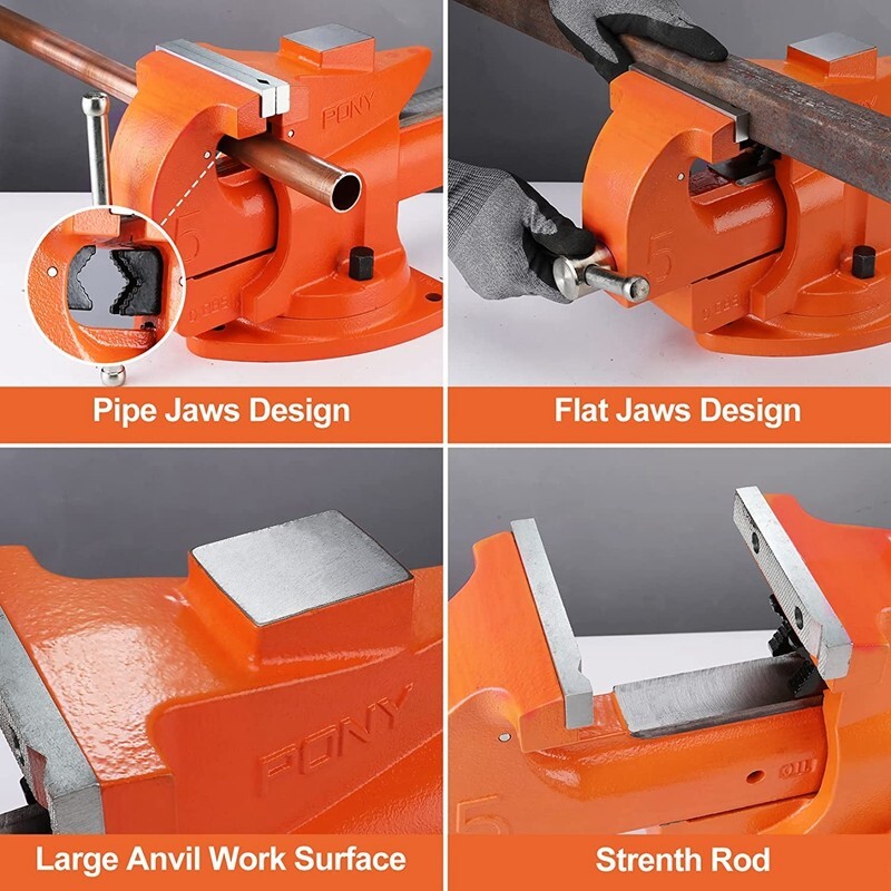 PONY 5-inch Heavy-Duty Bench Vise Utility Combination Pipe Vise 360° Swivel Base