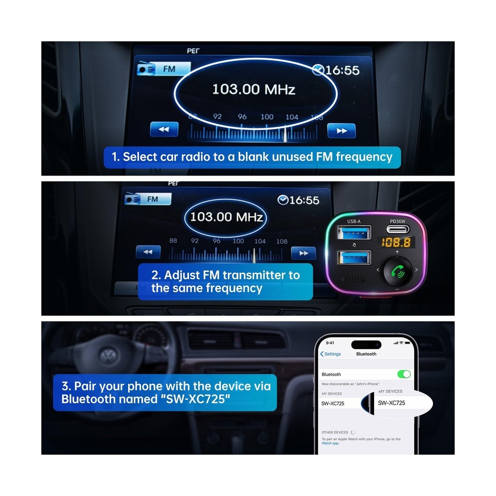 Syncwire Bluetooth 5.4 FM Transmitter Car Adapter 48W (PD 36W & 12W... Fast Ship