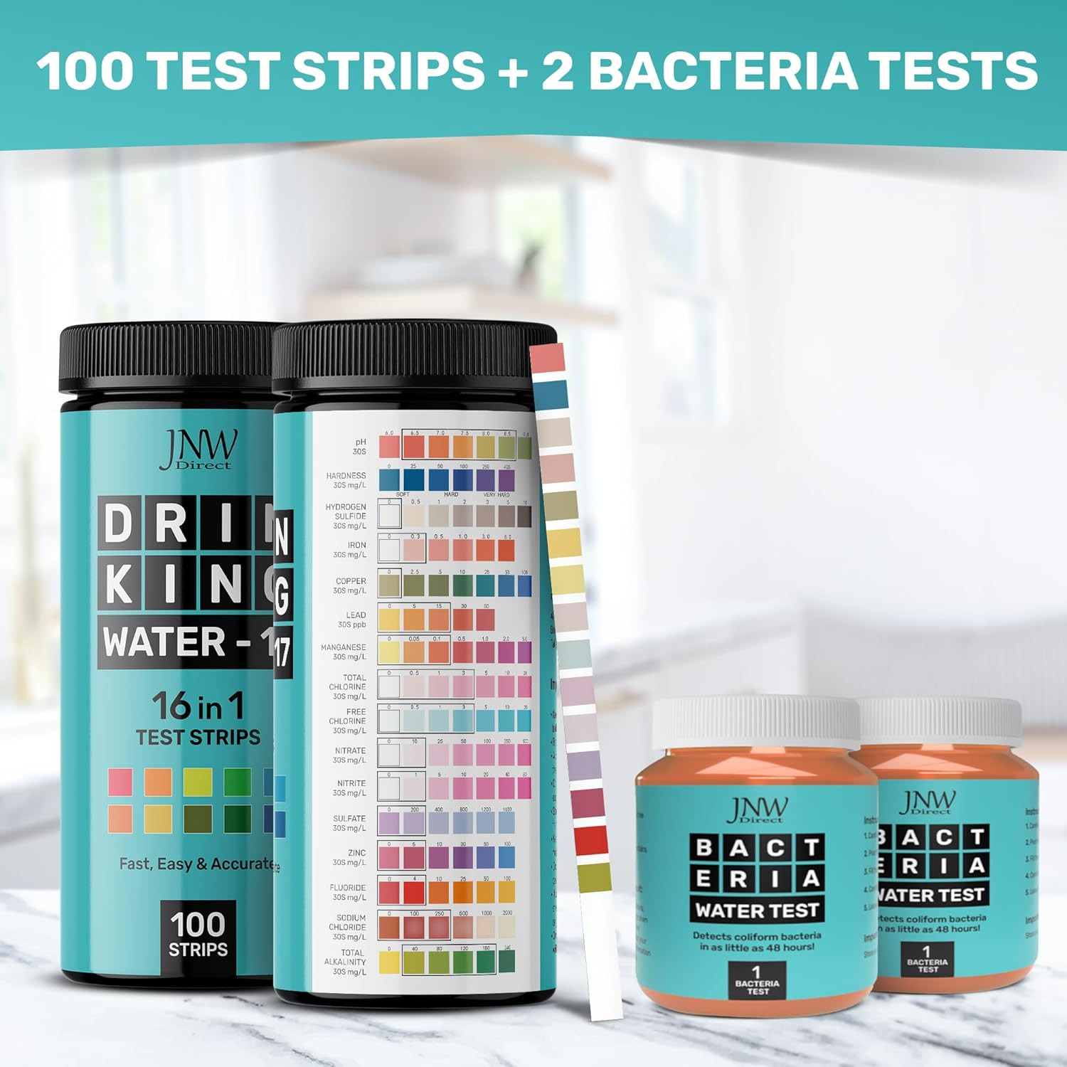 17-in-1 Drinking Water Test Kit - 100 Strips + 2 Bacteria Tester Kits - Well, Ta