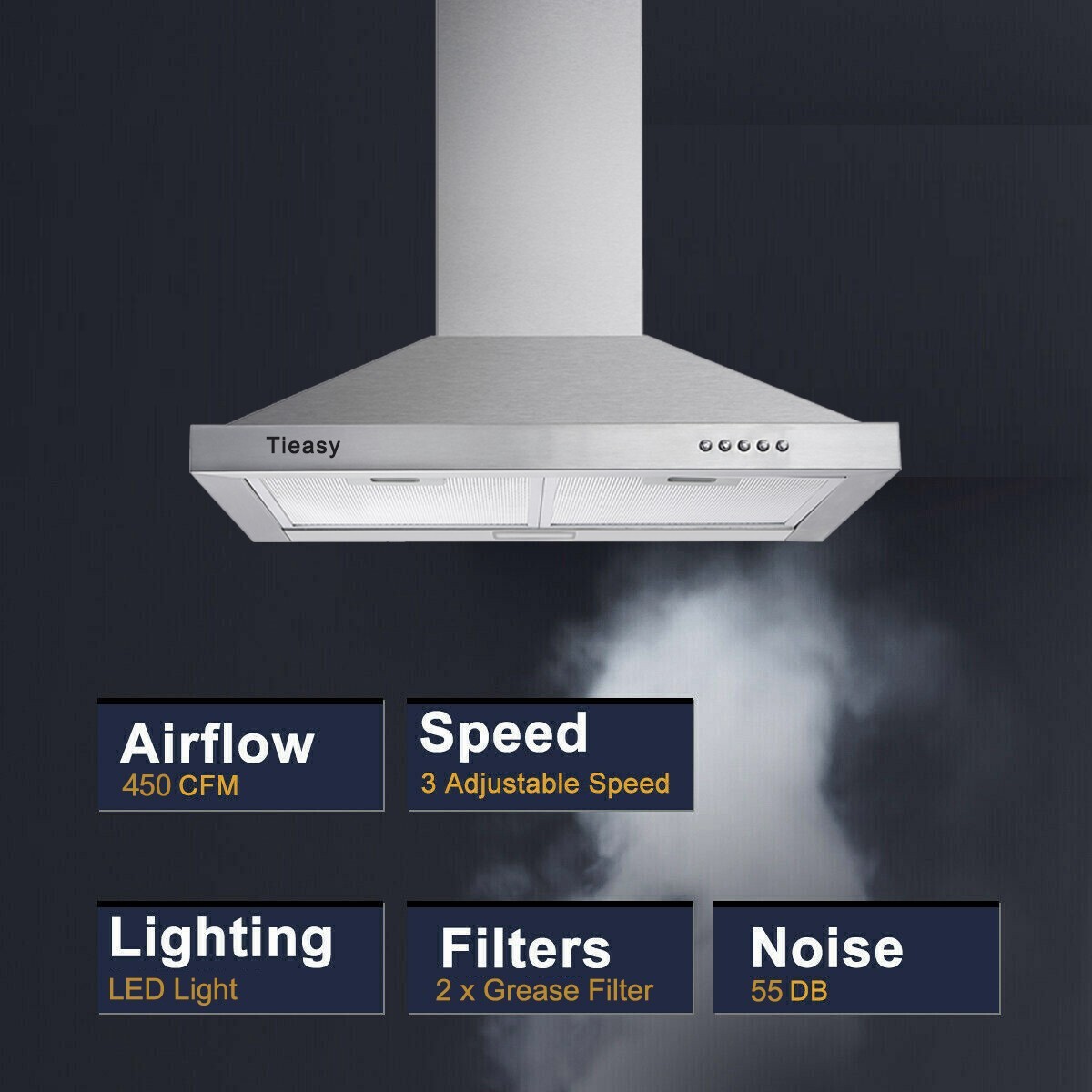 30 in Wall Mount Range Hood Stainless Steel 450CFM Convertible Kitchen Vent New