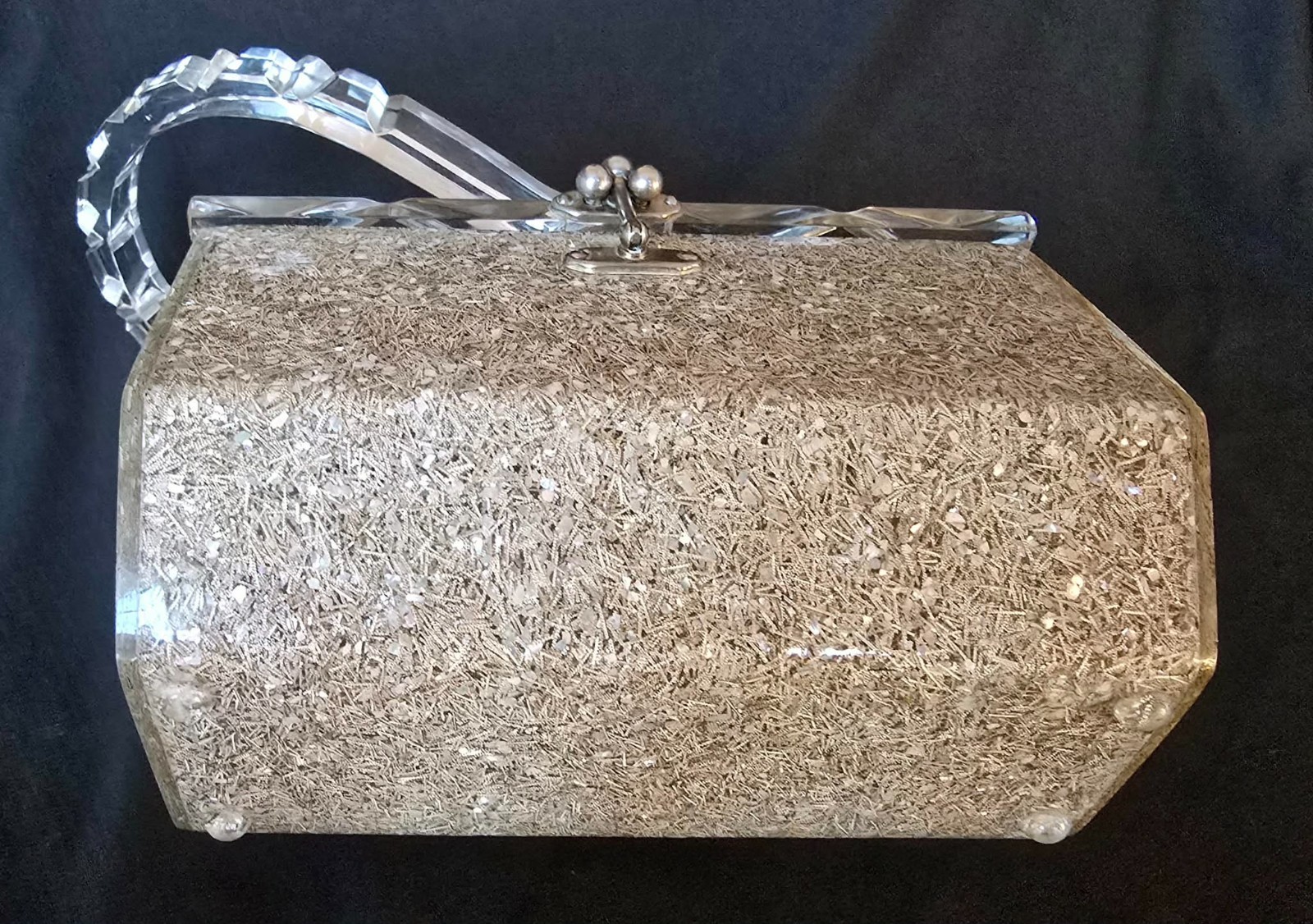 Vintage Charles S. Kahn Lucite Glitter Box Purse 1950s Crystal Cut Top & Handle