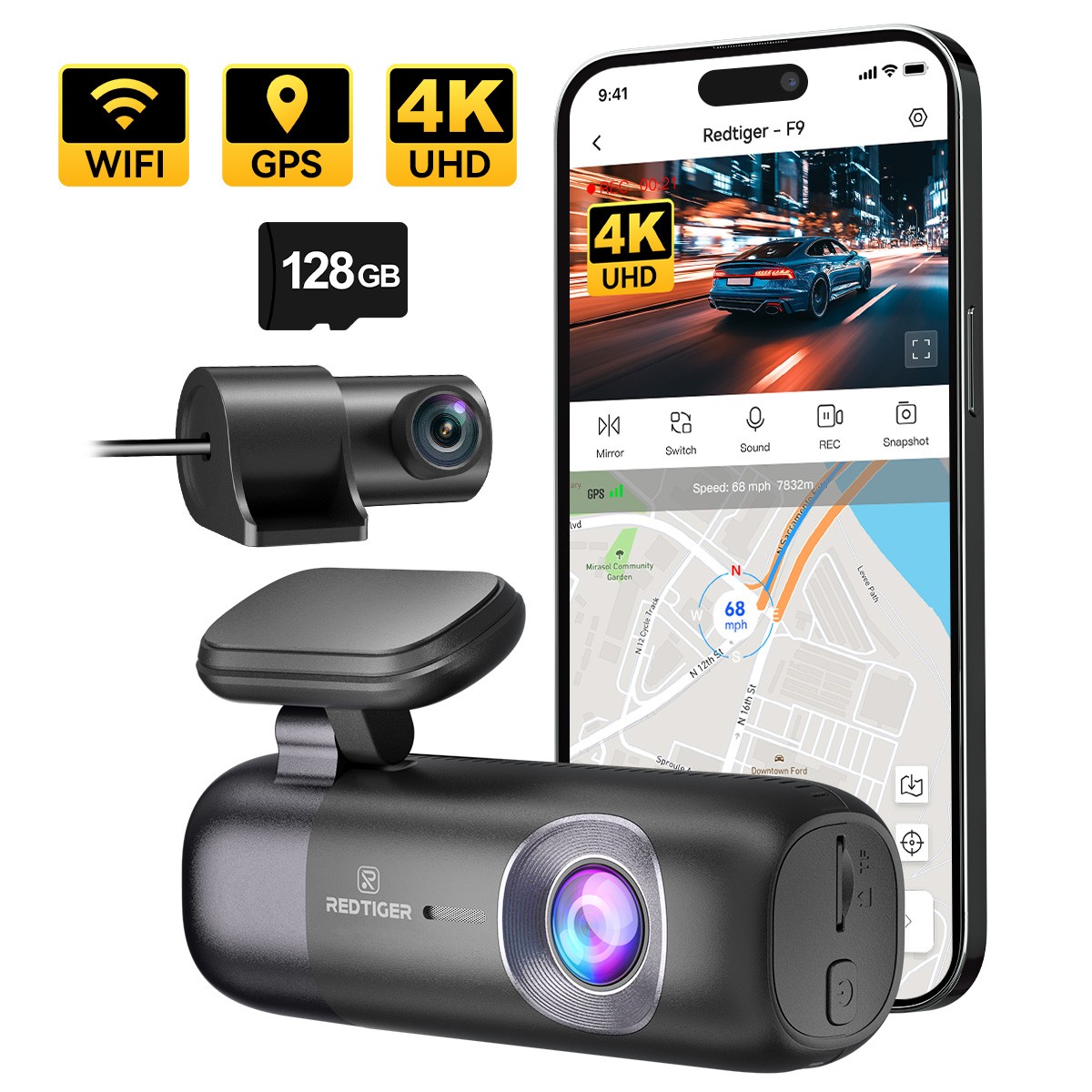 REDTIGER F9 Dash Cam Car Camera with 128GB Card Smart App Control WiFi GPS