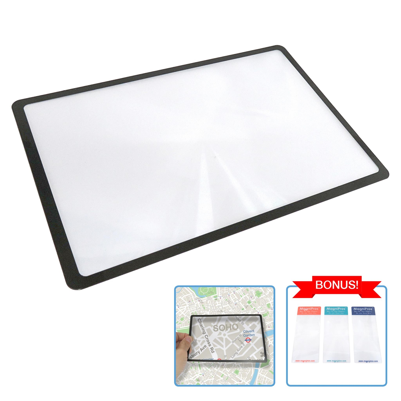 3X (300%) Page Magnifying Lens With 3 Bonus Bookmark Magnifiers for Reading