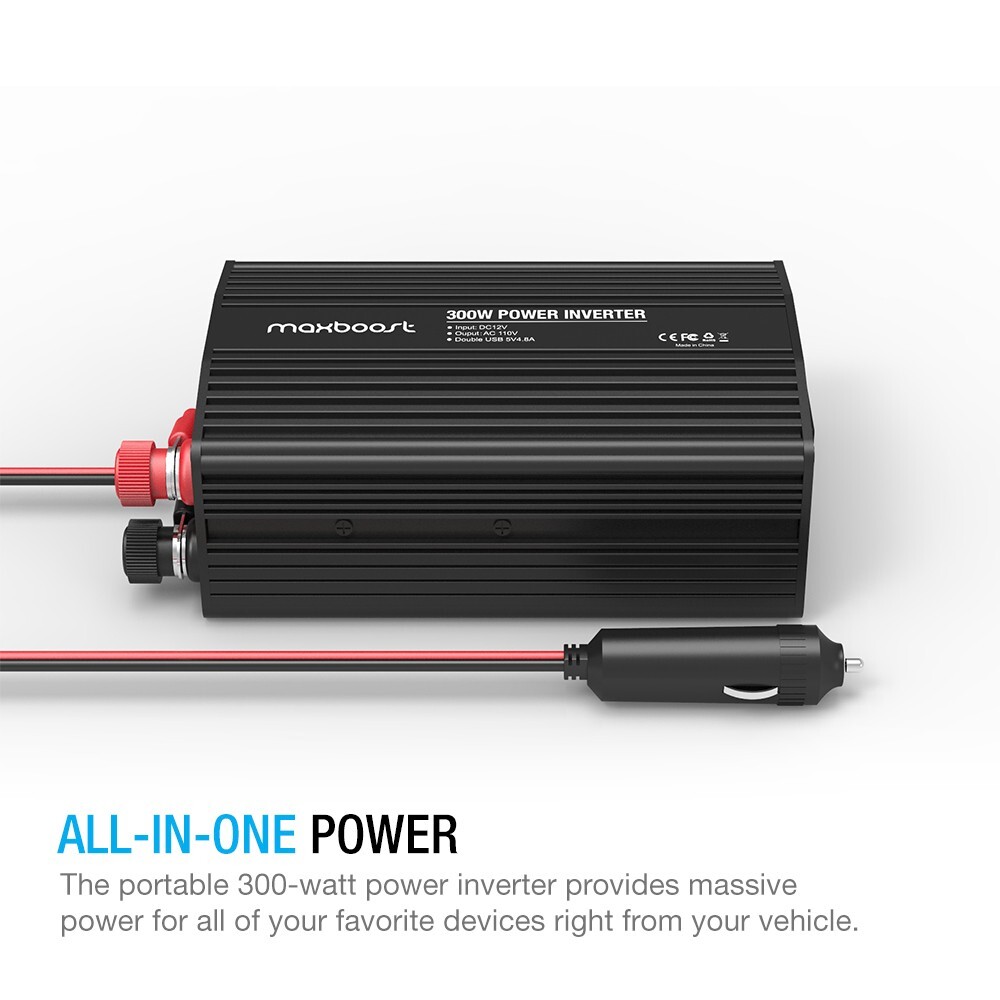 Maxboost 300W Power Inverter Dual 110V AC Outlet and 2.4A/24W USB Car Charger
