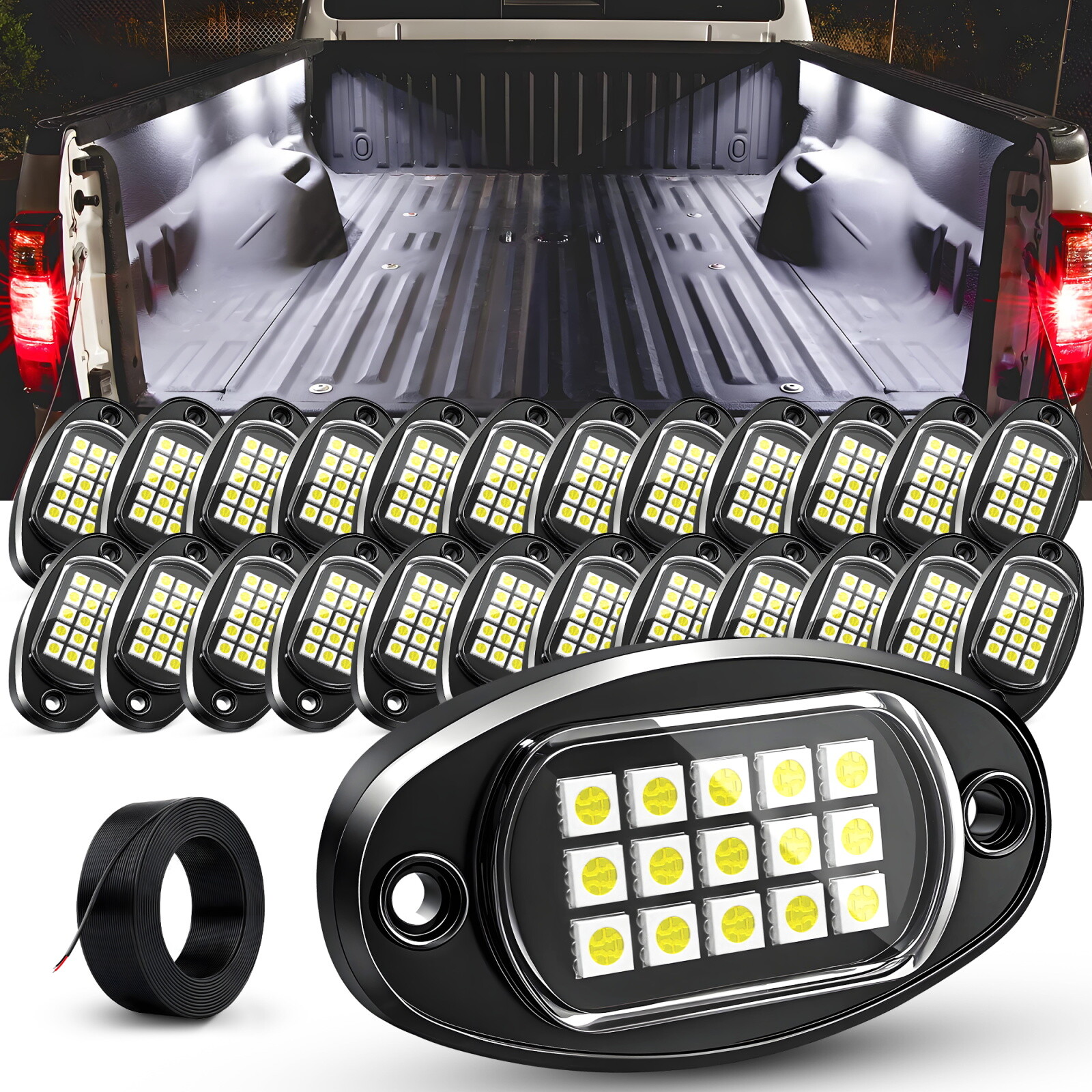 24 Pods Pure White LED Rock Lights Offroad Under Car Truck Underbody Lights Kits