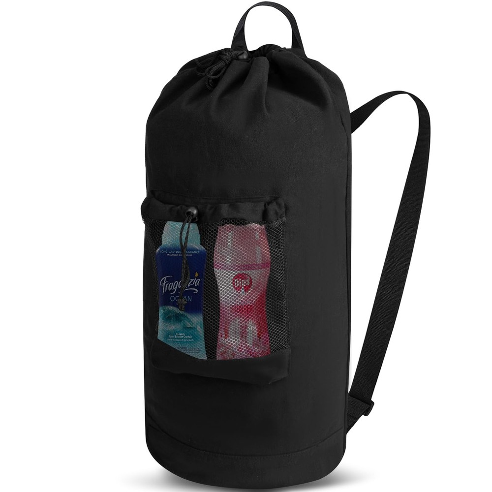 Canvas backpack laundry bag, laundry backpack with shoulder straps and mesh p...