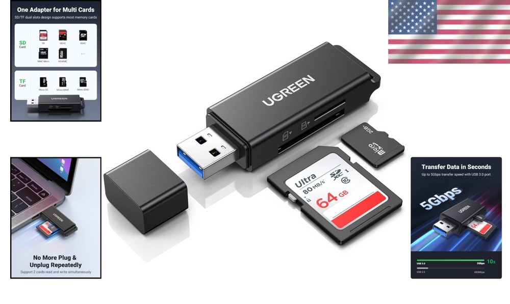Versatile USB 3.0 Card Reader for SD/TF Cards - Plug & Play Convenience