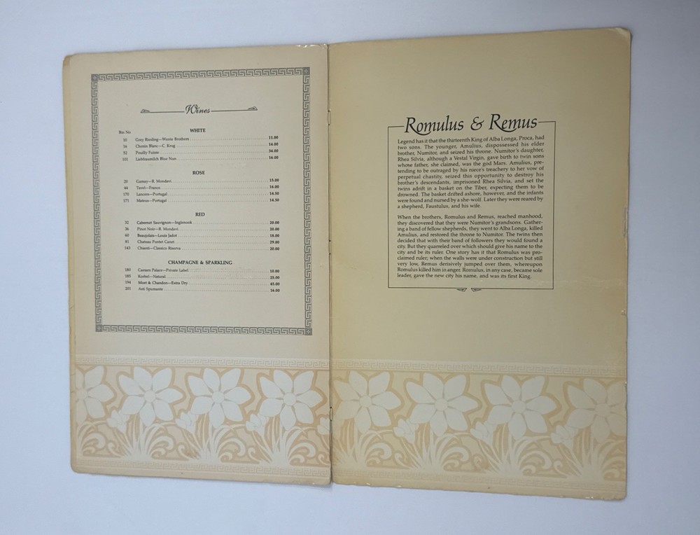 Vintage Caesars Palace Cafe Roma Menu