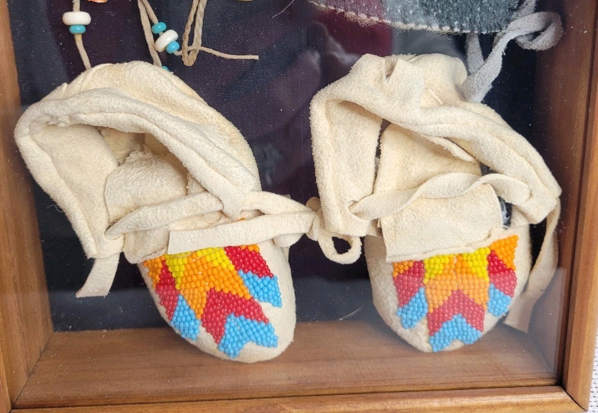 Vtg Native American Indian Shadow Box Child/ Baby Beaded Moccasins,...