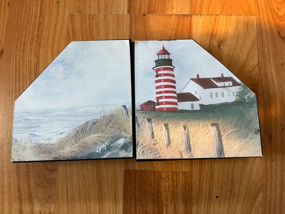 Solid Slate Stone Bookends West Quoddy Lighthouse Maine,  Original Art
