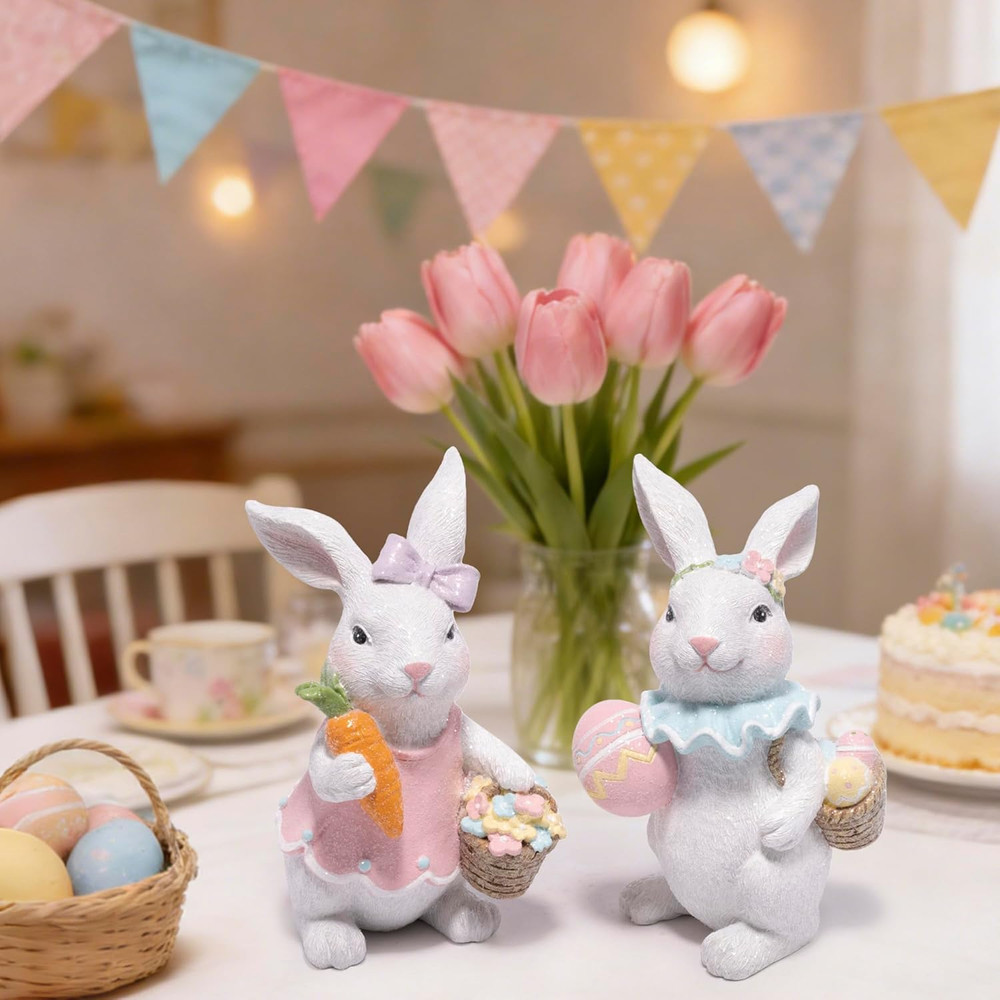 Easter Bunny Figurines Set, Spring Rabbit Decor with Easter Eggs Basket, Floral