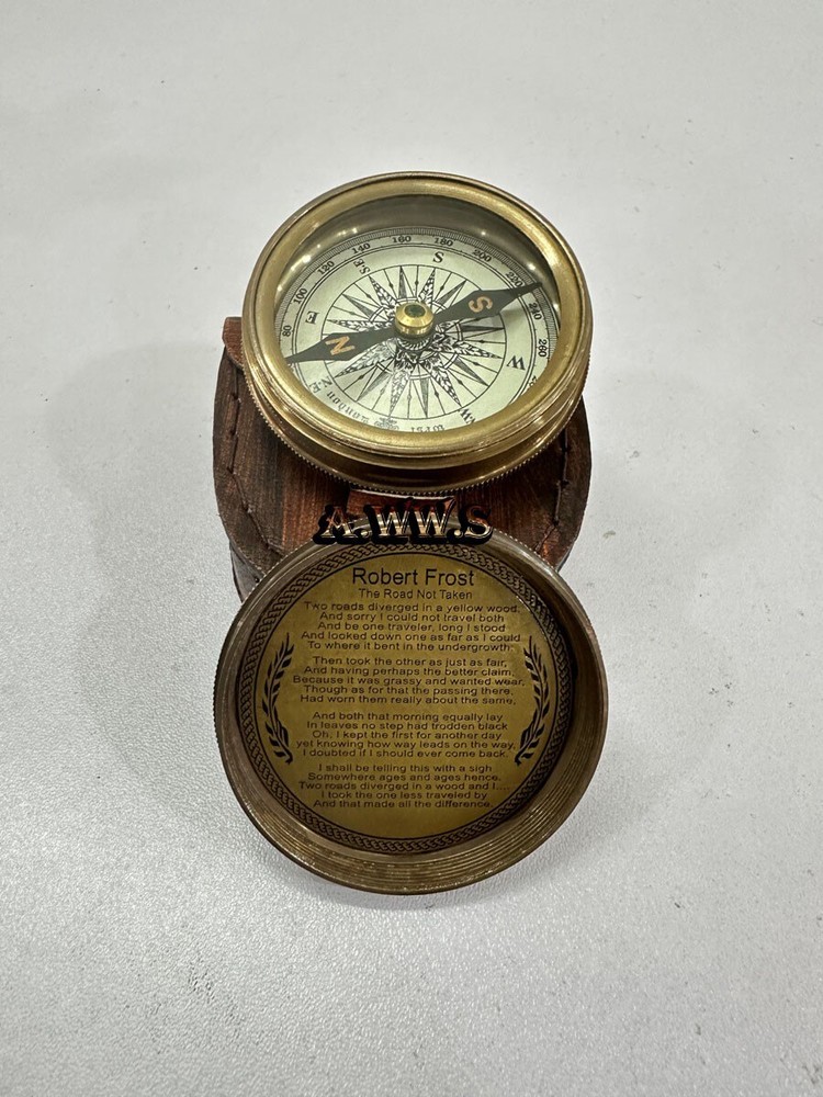 2" Robert Frost Poem Compass with Handmade Leather Carry Case.