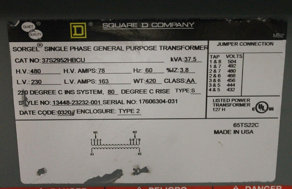 Square D 37S2952HBCU Single Phase General Purpose Transformer