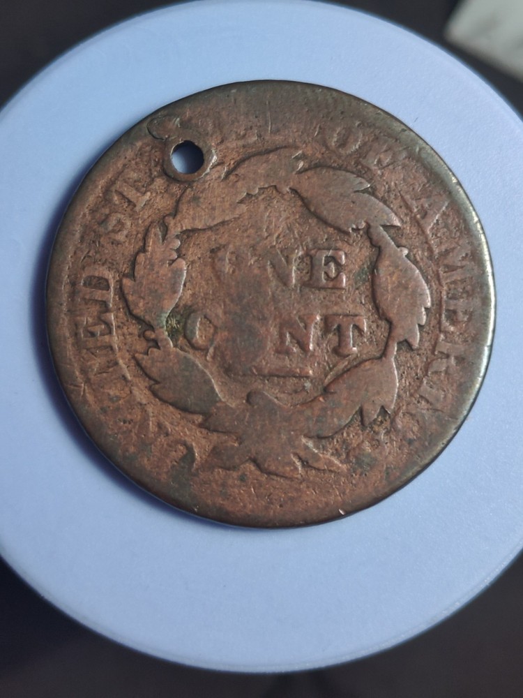1827 Large Cent Holed Counterstamped #677