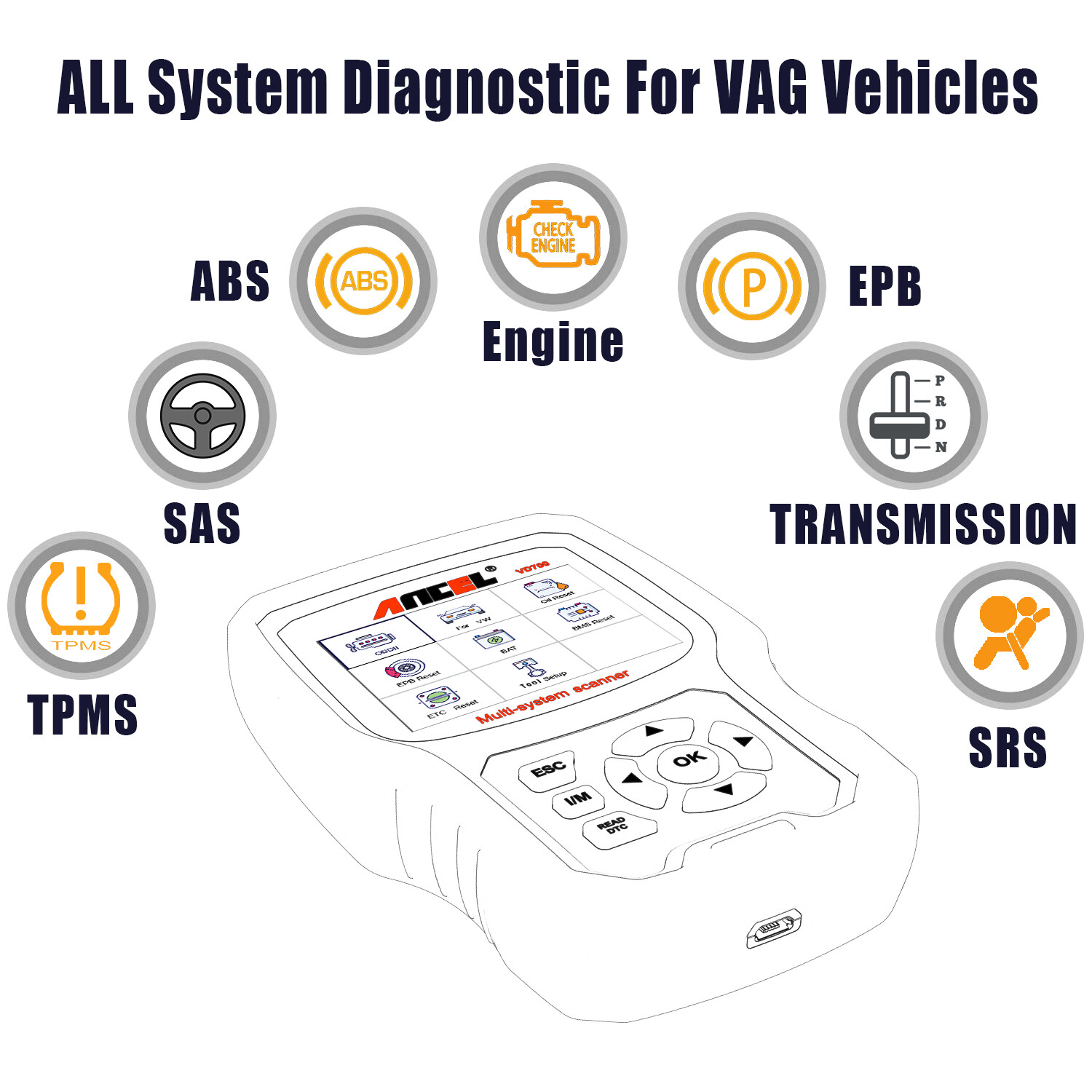 ANCEL VD500 VD700 All System Oil ABS SRS DPF OBD2 Scanner Code Reader Diagnostic