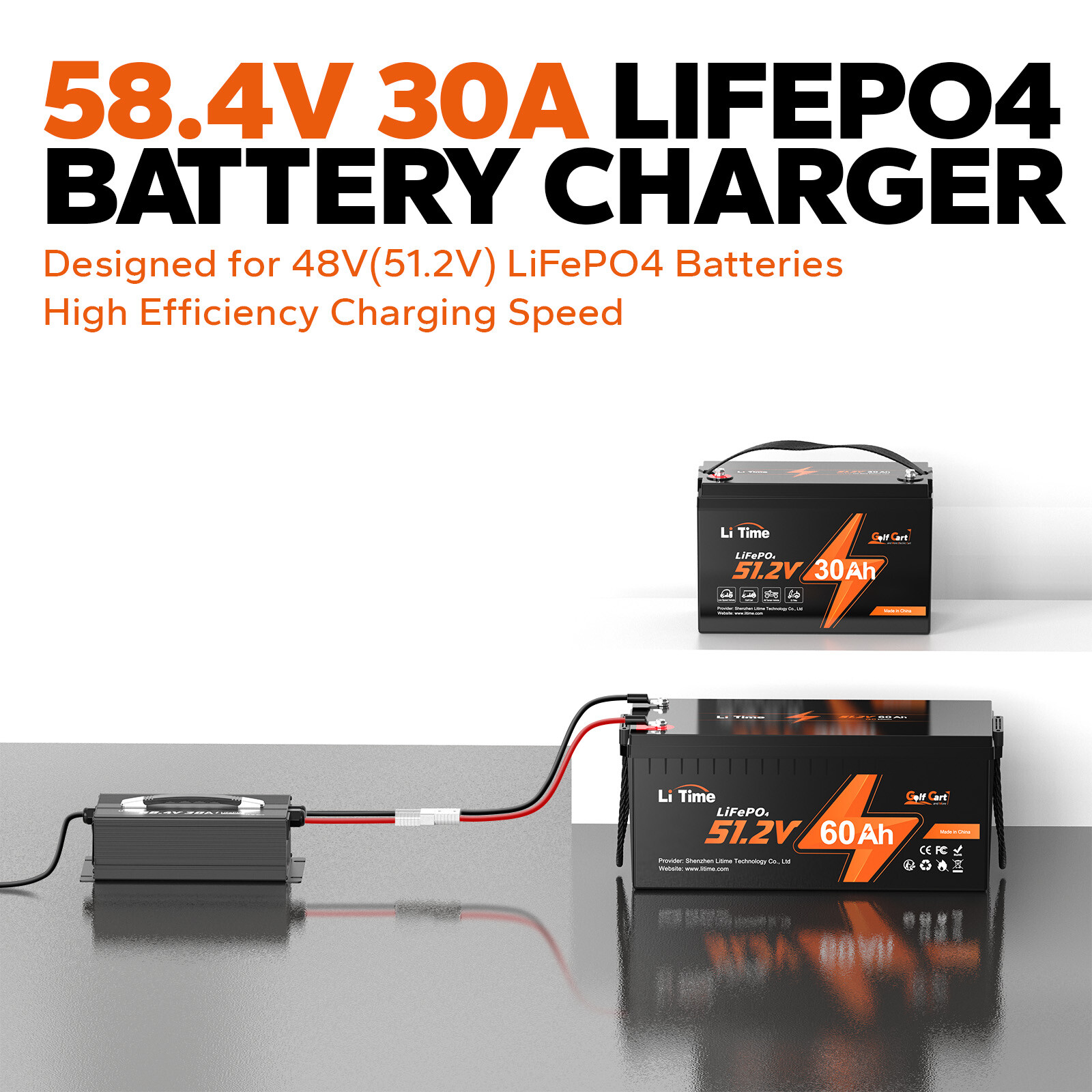 LiTime 58.4V 30A Smart AC-DC Charger for 48V 51.2V LiFePO4 Battery Mountable