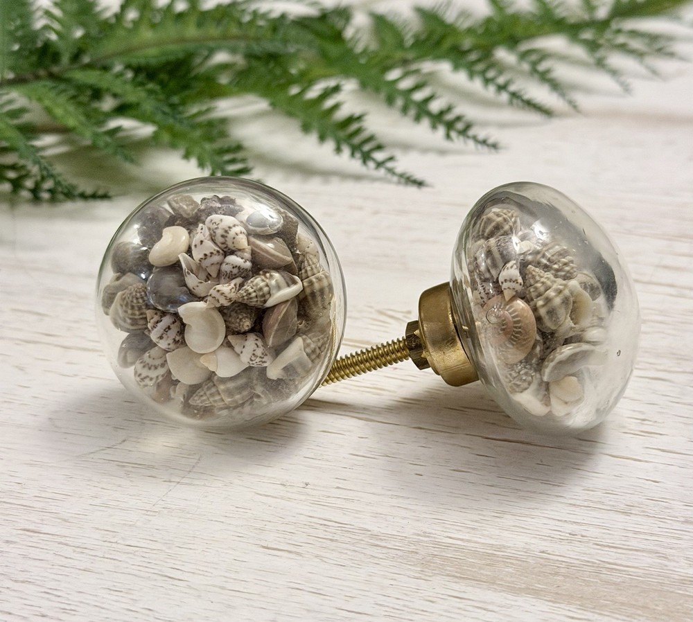 1 Seashell Filled Glass Drawer Pulls Knobs Cabinet Nautical Beach Decor Hardwar