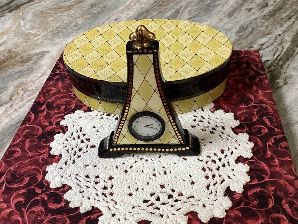 Mud Pie Eiffel Tower Table Clock 4.75” Tall-Works-Original Box