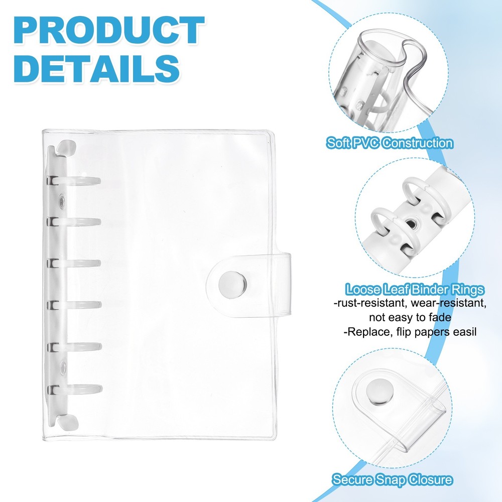 A7 2Pcs Transparent 6-Ring Binder Cover with Snap Button Closure, White