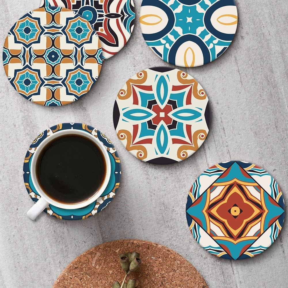 Coasters for Drinks Set of 6, Spanish Moroccan Ornate Ceramic Pattern Absorbent