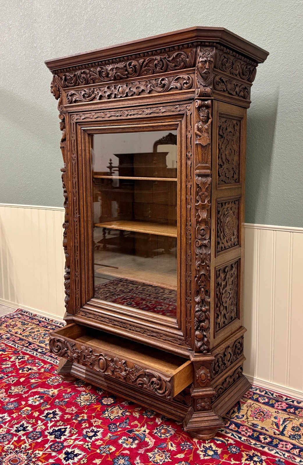 Antique French Renaissance Revival Bookcase Cabinet Side Doors Oak c. 1880s