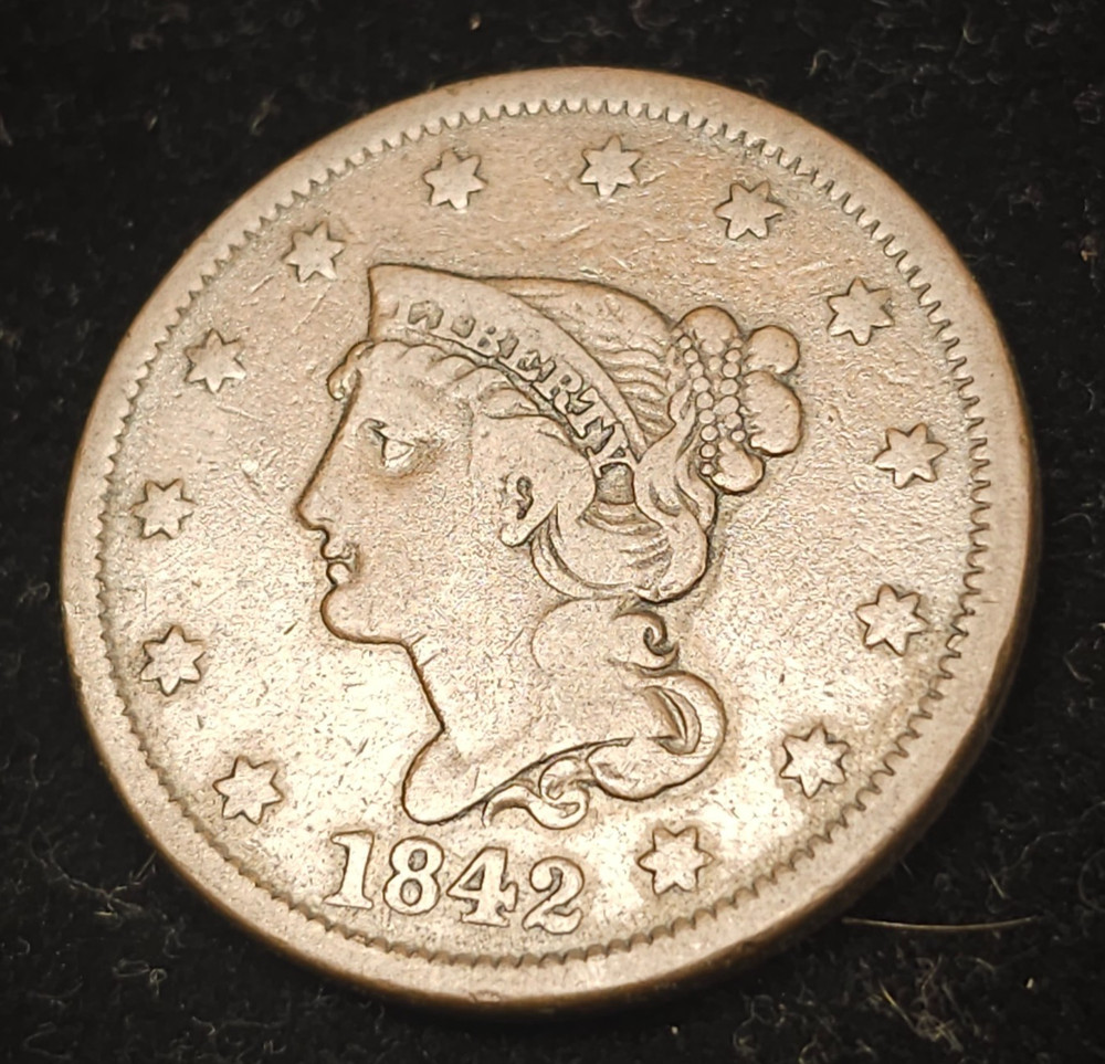1842 braided hair large cent, large date, fine