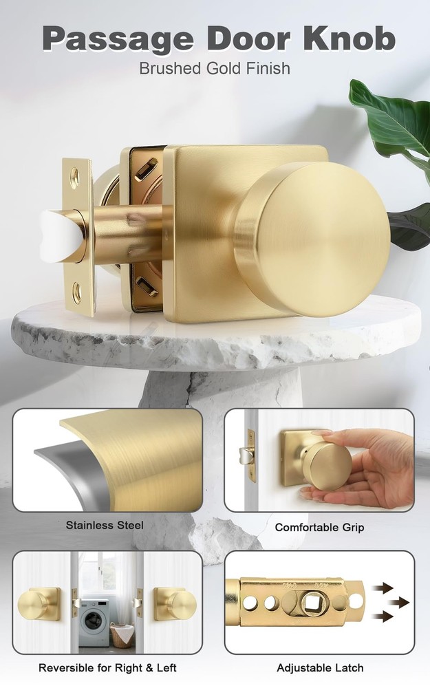 Probrico Bulk Passage Door Knobs Interior 10 Pack, Brushed Gold Square