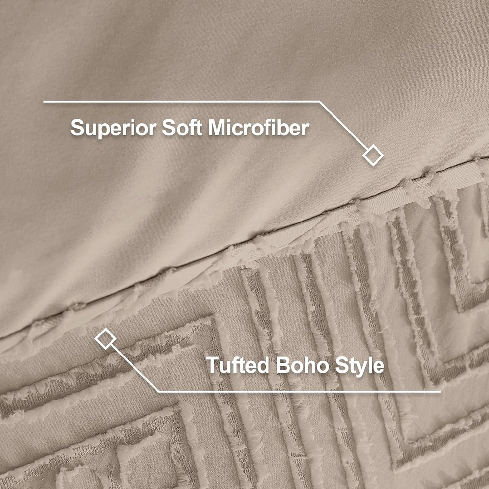 King Size Light Coffee Tufted Boho Comforter Set, 3 Pieces