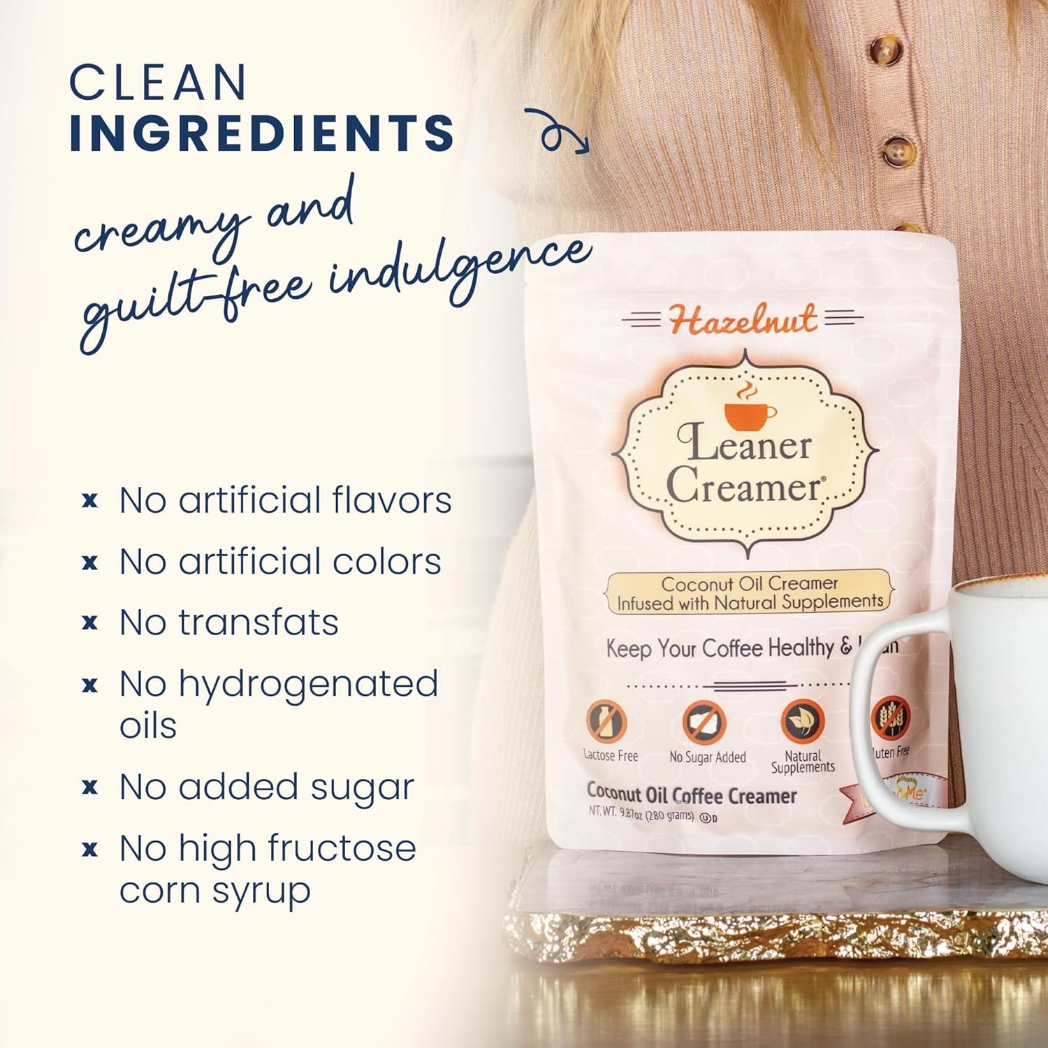 Leaner Creamer, Coconut Oil Coffee Creamer, Hazelnut Flavored , 9.87 oz (280 g)