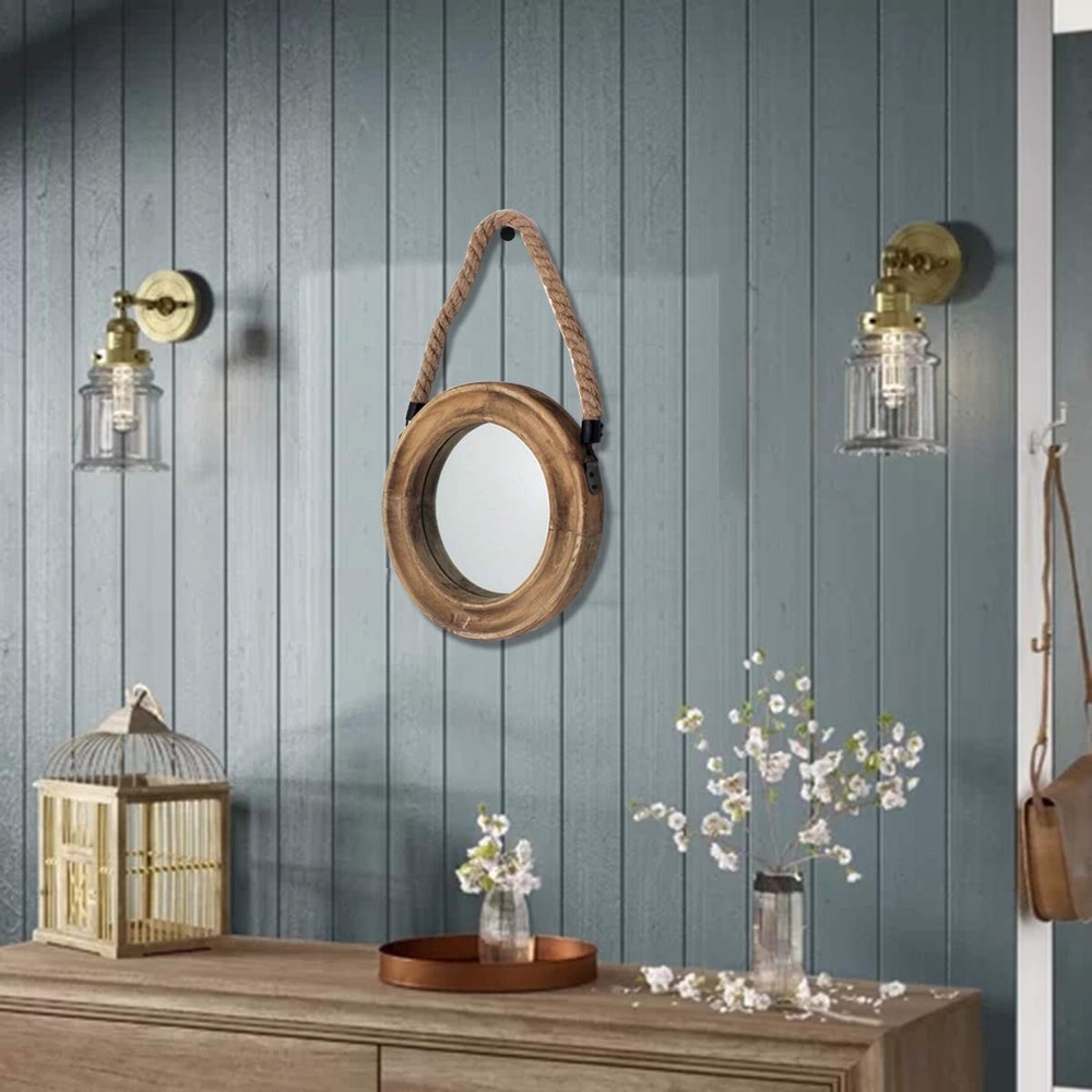 Rustic Round Decorative Mirror with Solid Wood Frame&Rope Hanging,Farmhouse A...