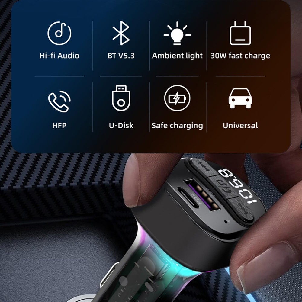 High-Fidelity Bluetooth FM Transmitter with USB Charger & Noise-Canceling Mic