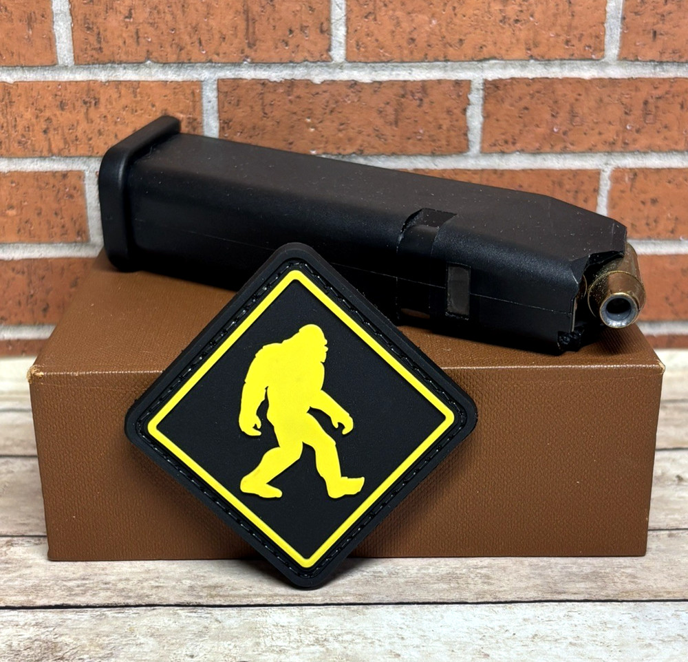 Sasquatch Bigfoot Crossing Sign PVC Patch, Morale Squatch Tactical Rubber Patch