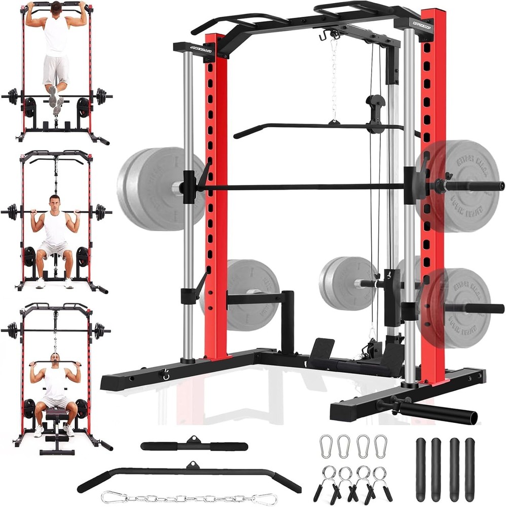 Smith Machine, Multi-Function Power Cage w/ Lat Pull Down System Workout Machine