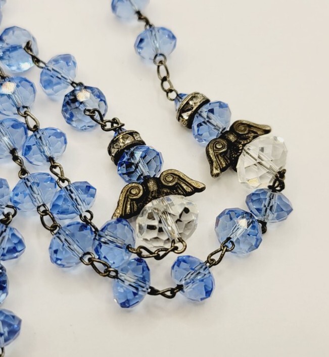 Blue & White Crystal Beaded Angel Rosary INRI Cross Crucifix † 20"