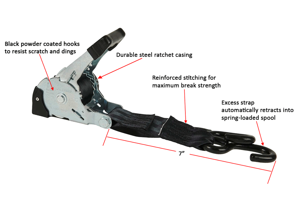 (4 Pack) 2" x 10' Auto Retractable Ratchet Straps with Coated S hook