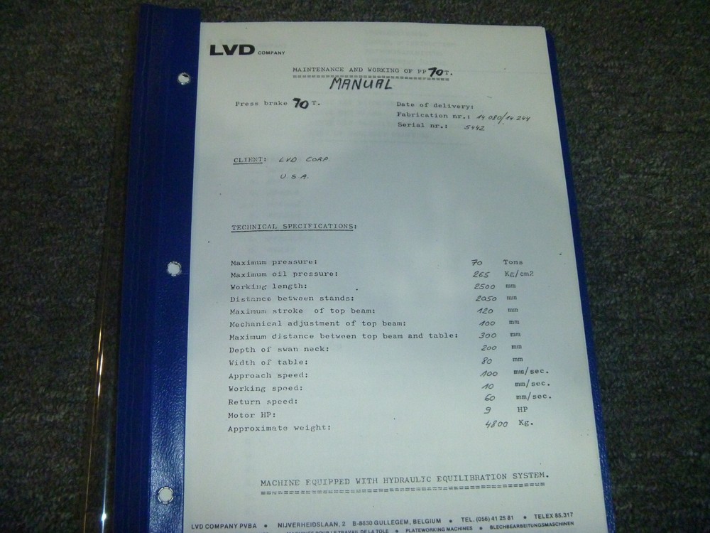 LVD 100/30-Ton Press Brake Owner Operator & Maintenance Manual S/N 5492